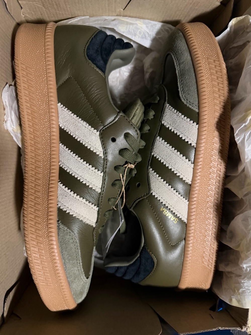 adidas Olive Green Sneakers with White Stripes and Gum Sole
